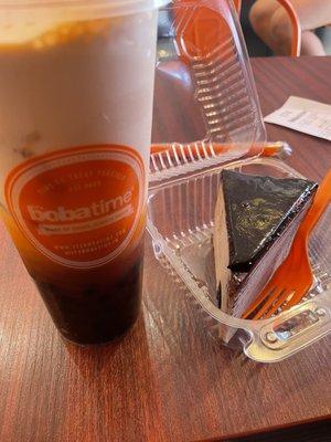 Thai tea float with boba and Chocolate Crepe Cake