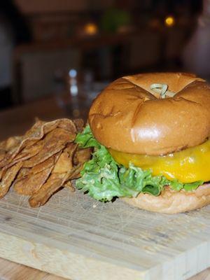 The Imposter Burger (impossible smashed burger, shredded lettuce, cheddar cheese, house sauce, brioche bun and seasoned chips)