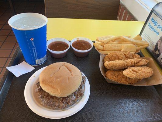 Burger, chicken tenders with fries. Eh.