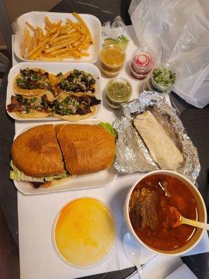 Torta, tacos, caldo de rez