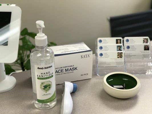 Masks and hand sanitizer available for patients and staff.