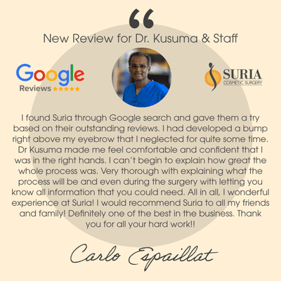 5 Star Google Review for Dr. Shashi Kusuma of Suria PLastic Surgery