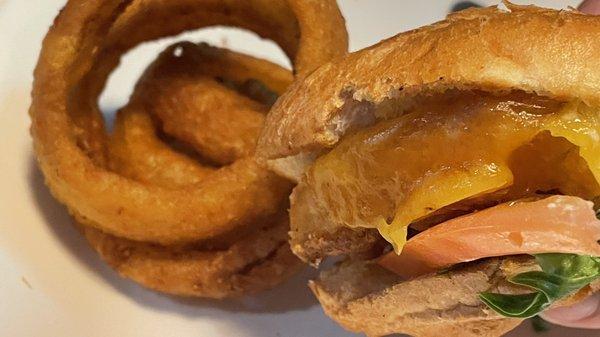 Fish sandwich and onion ring