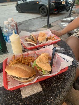 Philly and Blue Burger with excellent fries.