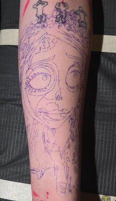 Stencil of Emily from the Corpse Bride. He placed this so it can also be a small coverup.