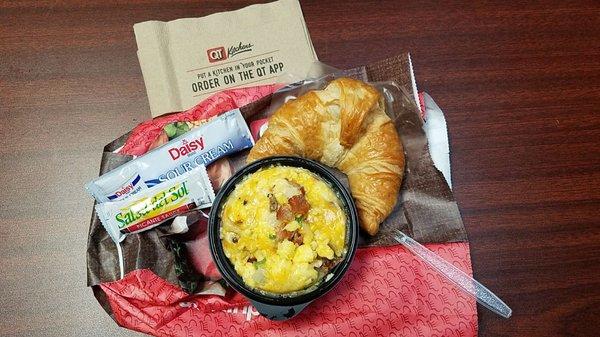 Build Your Own Breakfast Scramble Bowl - veggies, cheese, and crispy bacon. Croissant on the side!