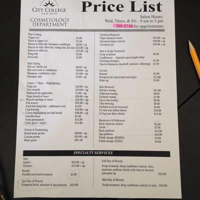 Price list, hours/days & phone number