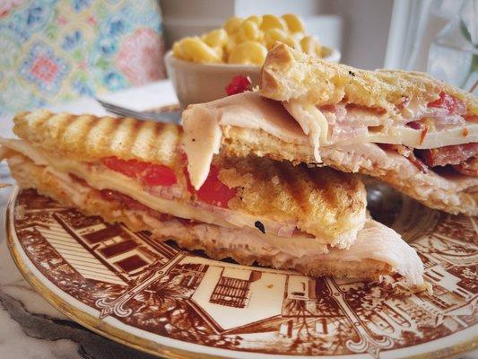 Turkey bacon pepper Jack panini with Mac and cheese