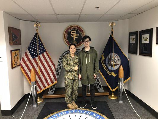 Navy Recruitor Wendy Chen with Future Sailor Zhao at US Navy Recruiting Station