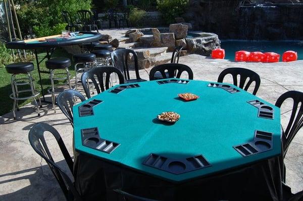 A picture a friend took at my party in 2007 of the poker table, backjack table, barstools, and black chairs