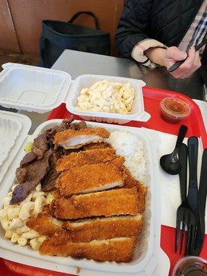 Beer and chicken katsu combo with extra side of Mac salad.