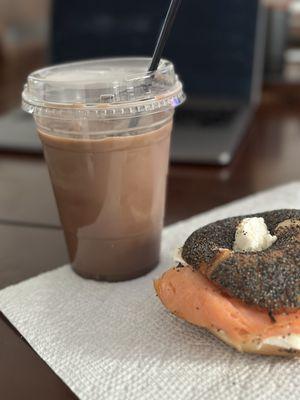 Iced Mocha with Oat Milk + Lox Salmon Bagel