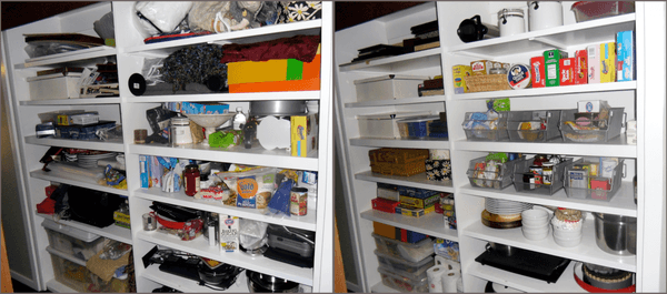 Pantry and Storage Before (left) & After (right): Crammed shelves were sorted & organized, giving everything a home of its own.