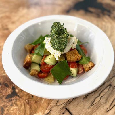 Panzanella Salad with local, organic produce and house-made pickled green tomatoes