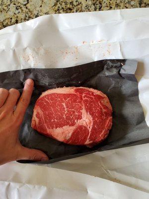 A good looking ribeye, but lacking any flavor and not at all worth the $32 price tag.