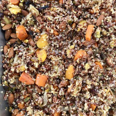 Jeweled red rice and quinoa with pistachios and dried apricots