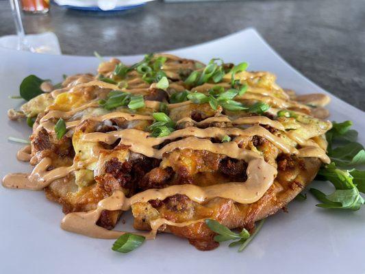 Egg and chorizo flatbread.