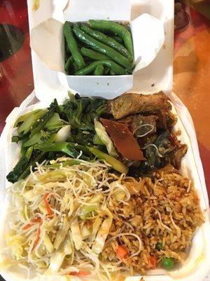 Fried rice, rice noodles, Chinese broccoli, eggplant tofu, string beans above. Yum.