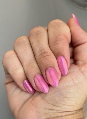 Pink chrome dip manicure