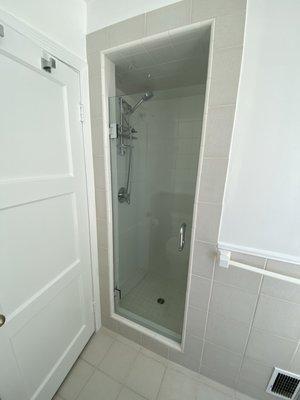 Frameless shower door.