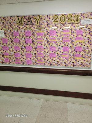 Calendar of activities posted in the hallway