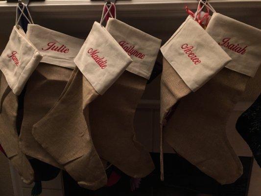 6 stockings embroidered with names = $60.00