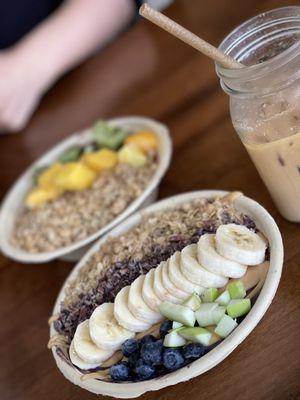 açaí bowls (PB Power bowl & tropical) and iced latte