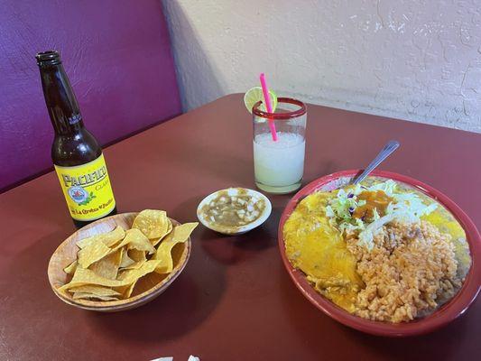 Chicken Enchilada plate Chips and Salsa Pacifico and a Margarita