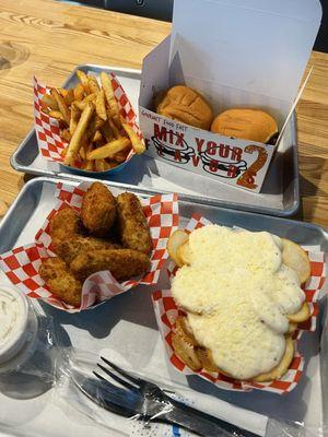 Jalapeno Cheddar Poppers (7 Pieces)  Round Garlic Aioli Fries  Straight Cajun Fries  Duo Angus Beef Burger