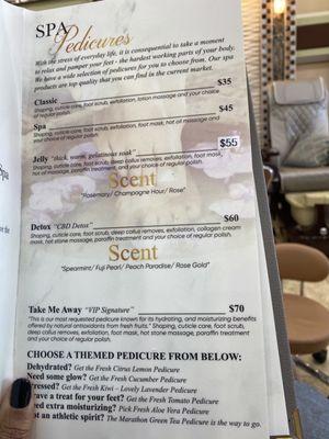 Price menu for pedicure