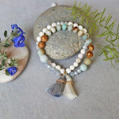 Amazonite rondelles, picture jasper, white magnasite, and crystals make up this beautiful double strand stretch bracelet