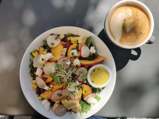 Roasted corn and peach salad with a honey mint latte