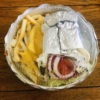 Takeout - lamb gyro & an order of cheese fries with "cheddar" & mozzarella - $12