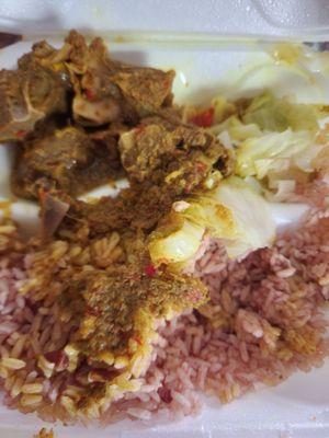 Curry goat, cabbage and peas and rice