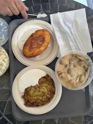 Mushroom stroganoff potato pancake and zucchini pancake