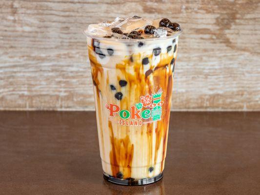 Brown Sugar Black Milk Tea with boba. Freshly brewed daily, lactose-free, gluten-free.