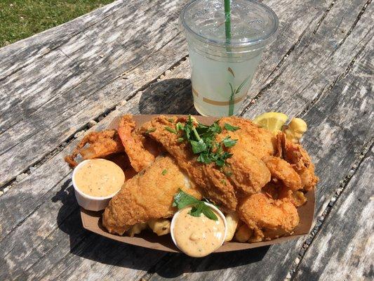 Fish and chips with fried shrimps. $16