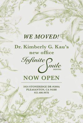 Dr. Kimberly G. Kau has moved her practice to a new location, 5924 Stoneridge Dr. Suite 209A, Pleasanton, CA 94588