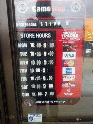 The current store hours and store leader. Also shows what credit cards they take. Contactless pay is also accepted.