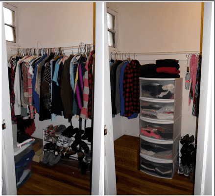 His & Hers Closet Before (L) and After (R): These clients were merging homes and her closet needed to make way for her partner.