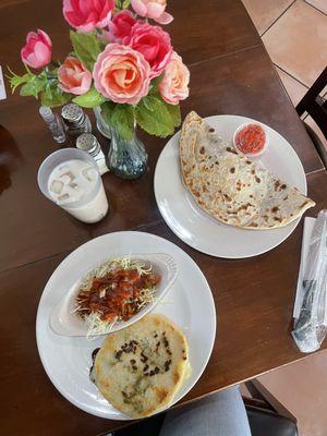 Pupusa de Queso con Loroco, Baleada de Huevos, Small Horchata