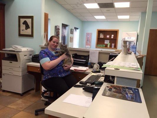 Receptionist Jessica with Wilbur