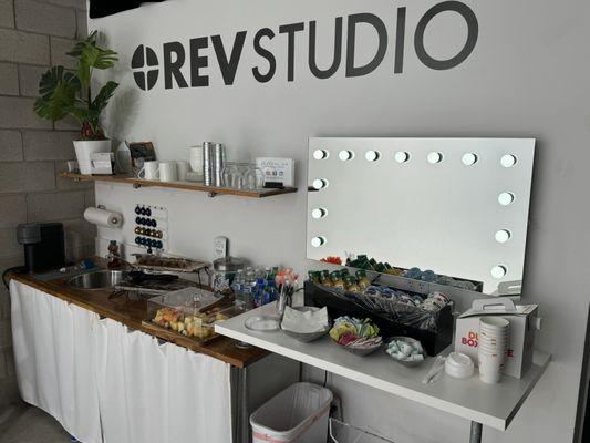 Kitchen and hair and makeup station.