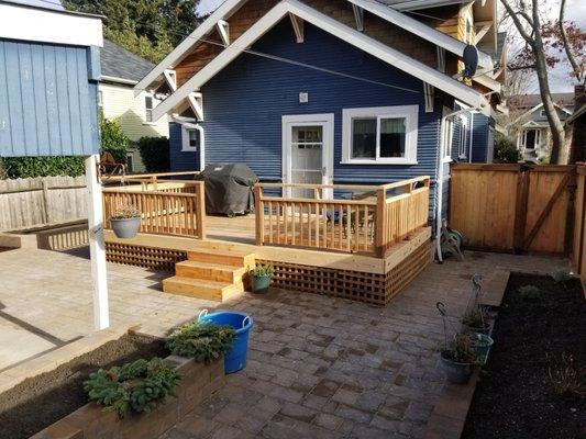 New deck, patio (with dimension), raised beds