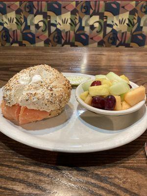 Nova Lox, cream cheese, red onion, capers, and a side of fruit. All very delicious.