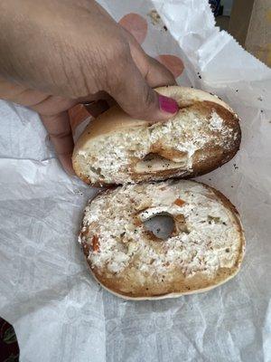 Must be the new item on menu, skinny cream cheese bagel.... Apparently not the one we ordered.