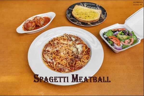 Spaghetti & Meatballs.
Spaghetti topped in our homemade meatballs.