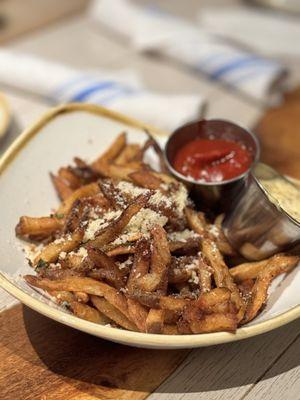 Garlic Truffle Oil Fries parmesan cheese, whole grain mustard aioli, monkeypod ketchup