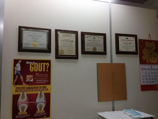 Exam room/plaques of Dr. Lai