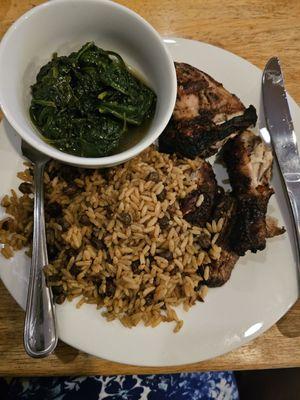 Spinach, peas, and rice or rice and peas depending  on the islands lol The main event the chicken great!!!